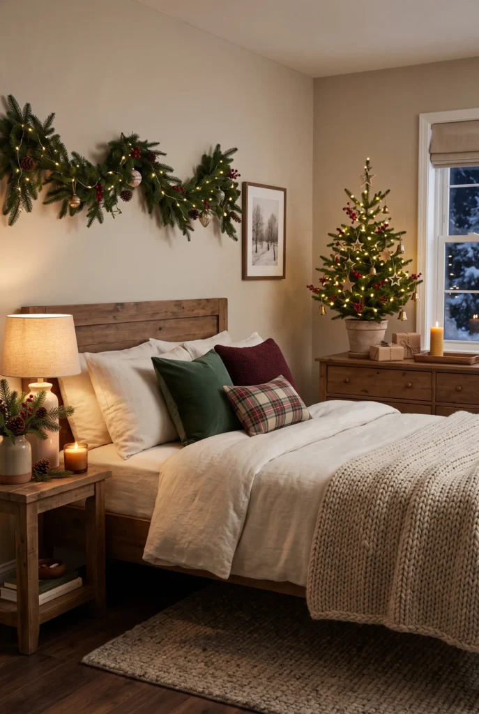 Cozy Christmas bedroom with neutral bedding, greenery, and holiday decor