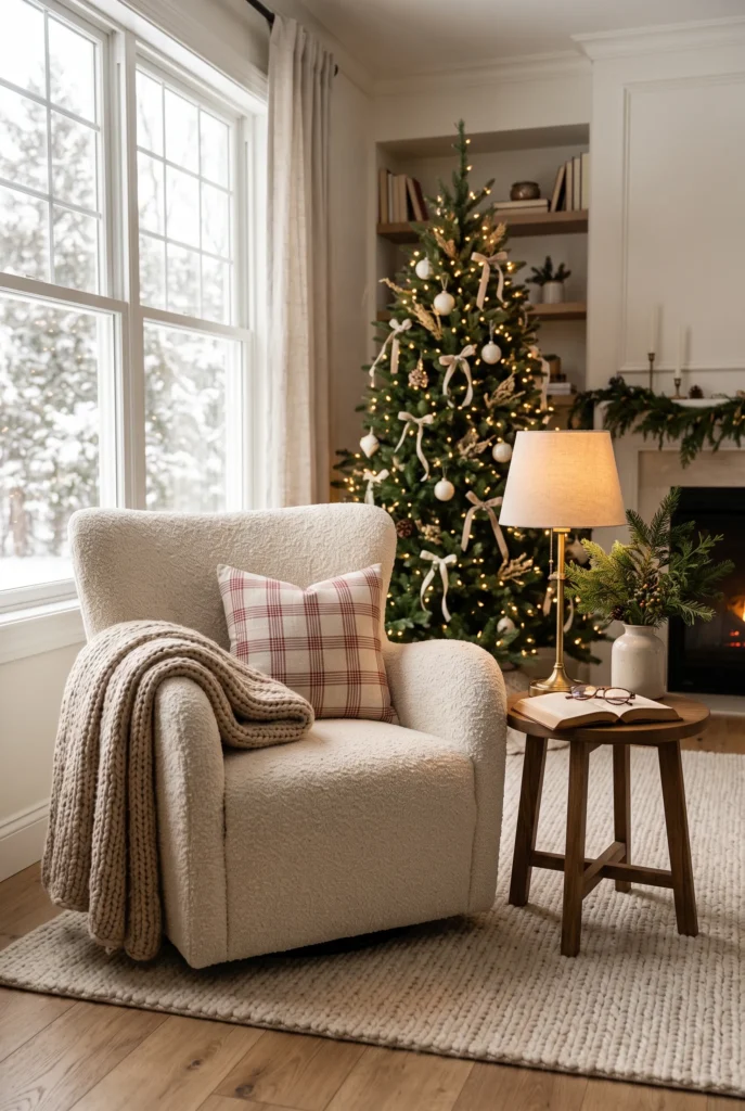 Cozy Christmas reading corner with cream armchair, knitted throw, and evergreen decor