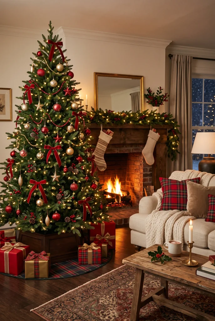 Traditional Christmas living room with red and green tree decorations and evergreen garland