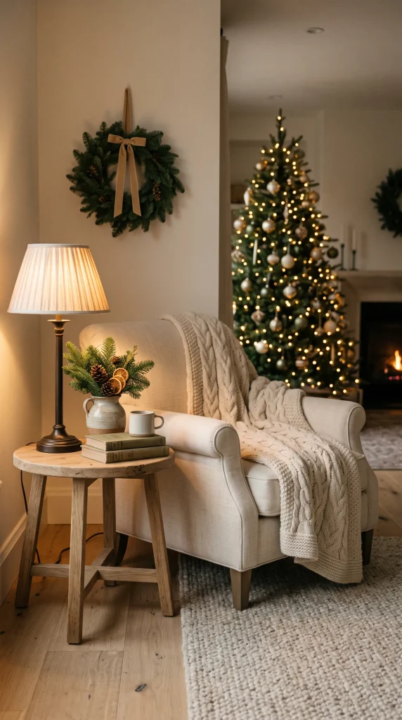 Cozy Christmas reading corner with armchair, knitted blanket, lamp, and greenery