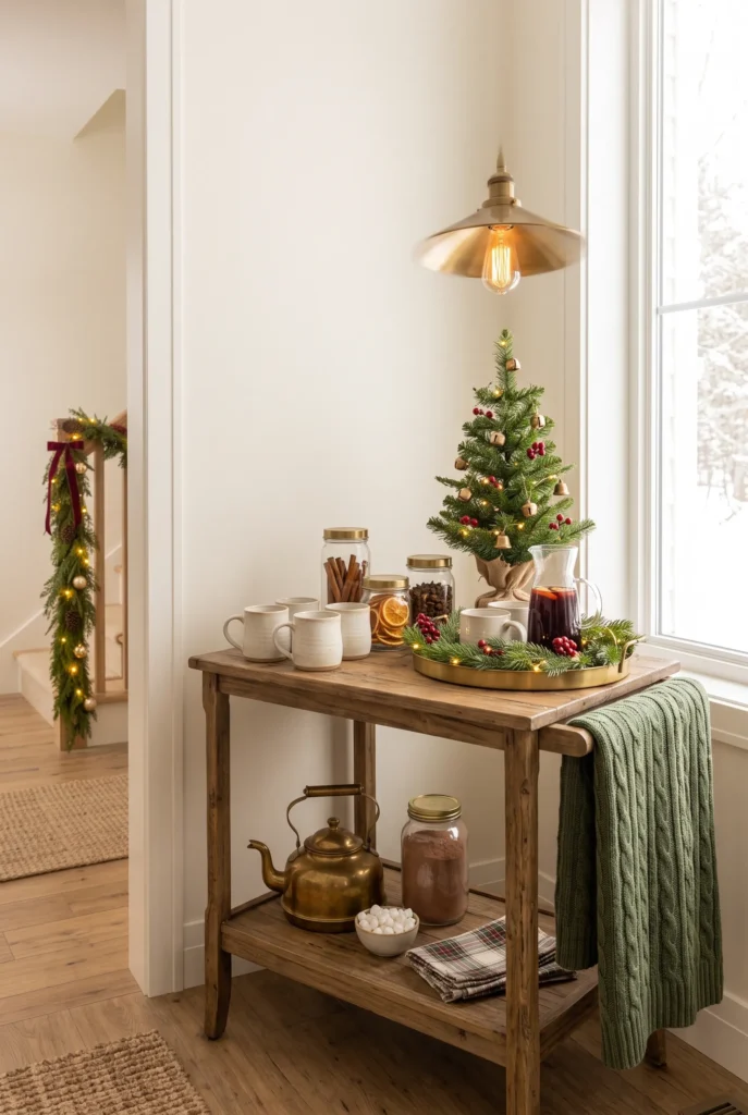 Christmas beverage station with mugs, evergreen branches, dried oranges, cinnamon sticks, and seasonal decorations