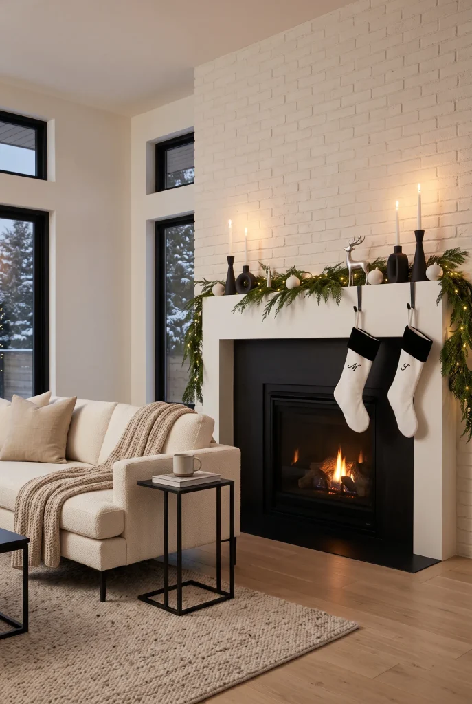 Modern black and white Christmas mantel with evergreen garland, white stockings, and black accents