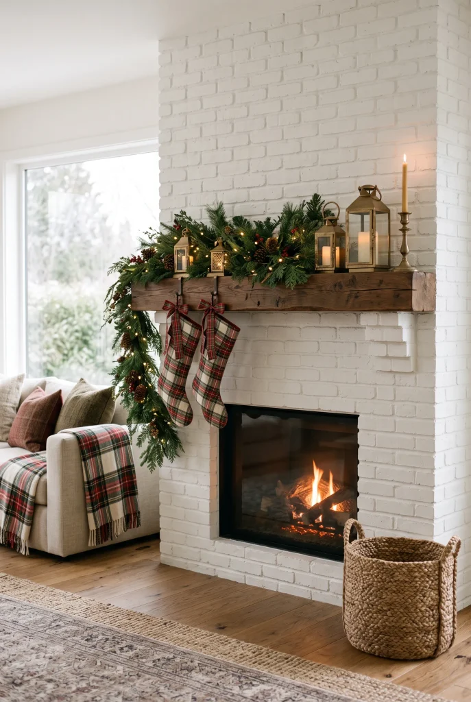 Plaid Christmas fireplace with evergreen garland and red and cream stockings