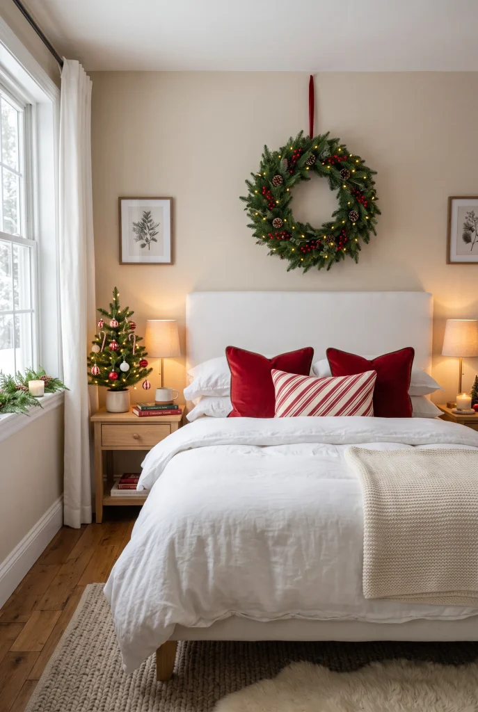 Cozy Christmas bedroom with white bedding, red pillows, and festive greenery