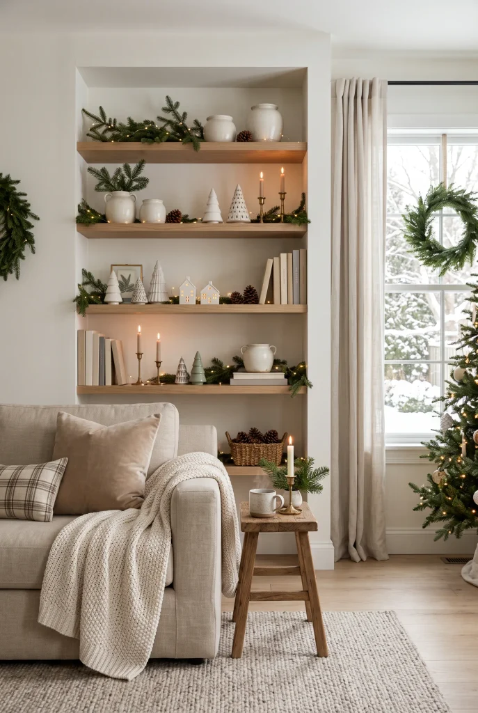Evergreen Christmas wreath hanging above a neutral living room sofa