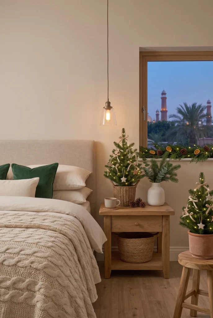 Cozy Christmas bedroom with cream bedding, greenery, and a small decorated tree