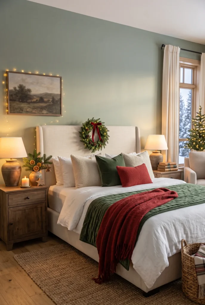 Cozy Christmas bedroom with cream bedding, evergreen wreath, green cushions, and red throw