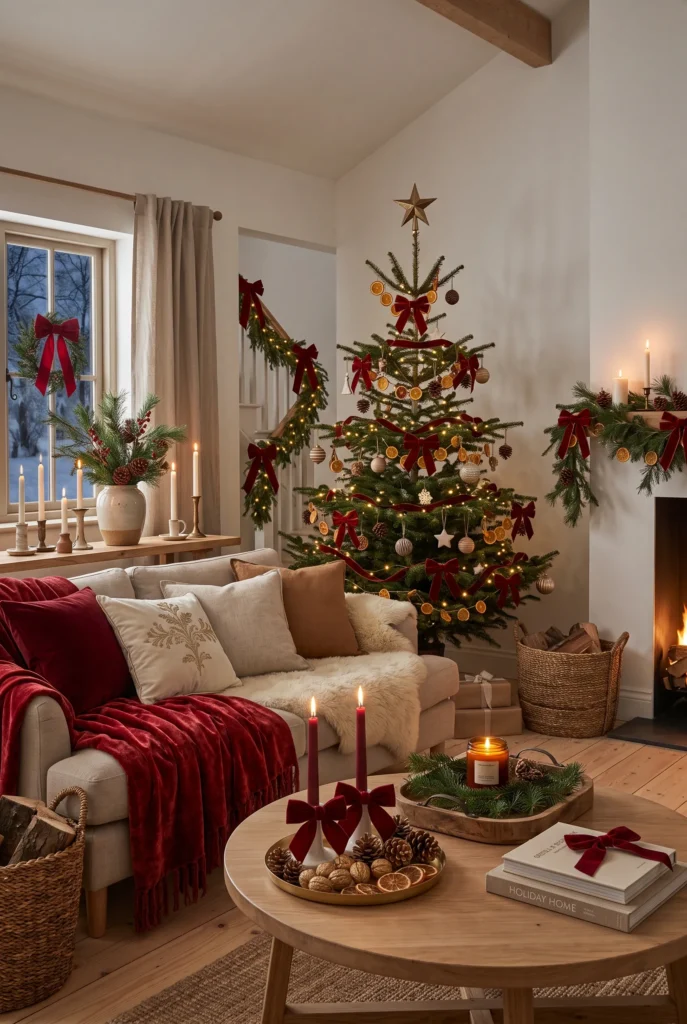 Christmas windows decorated with greenery and warm white lights