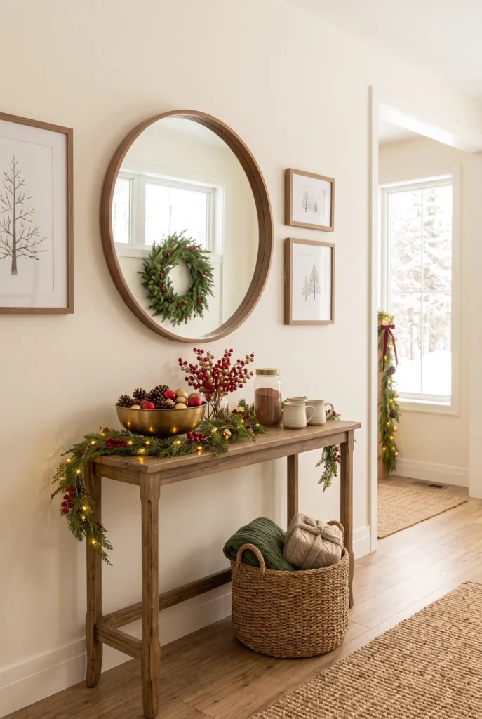 Festive Christmas hallway with evergreen wreath, console table, warm lights, and subtle holiday accents