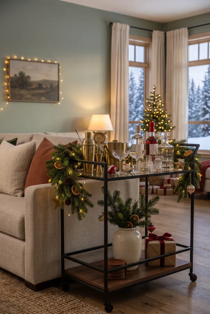 Christmas decorated bar cart with greenery, glassware, brass accents, and ornaments