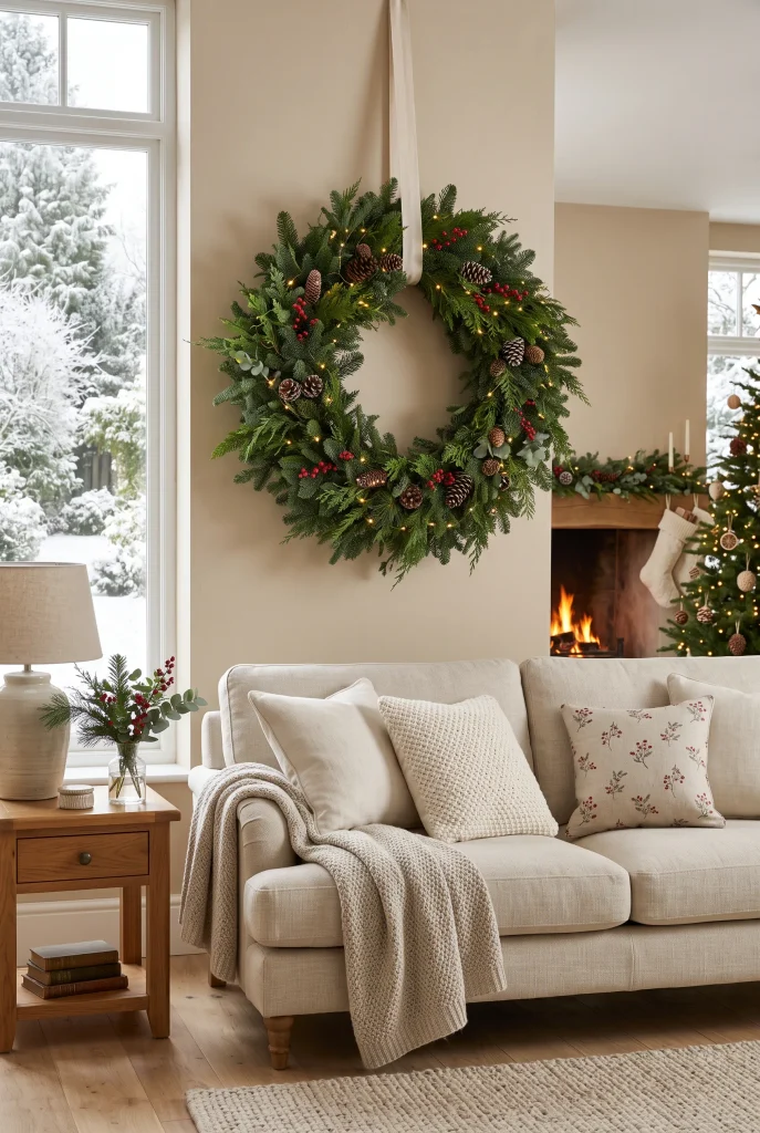 Living room decorated with natural wooden Christmas tree ornaments