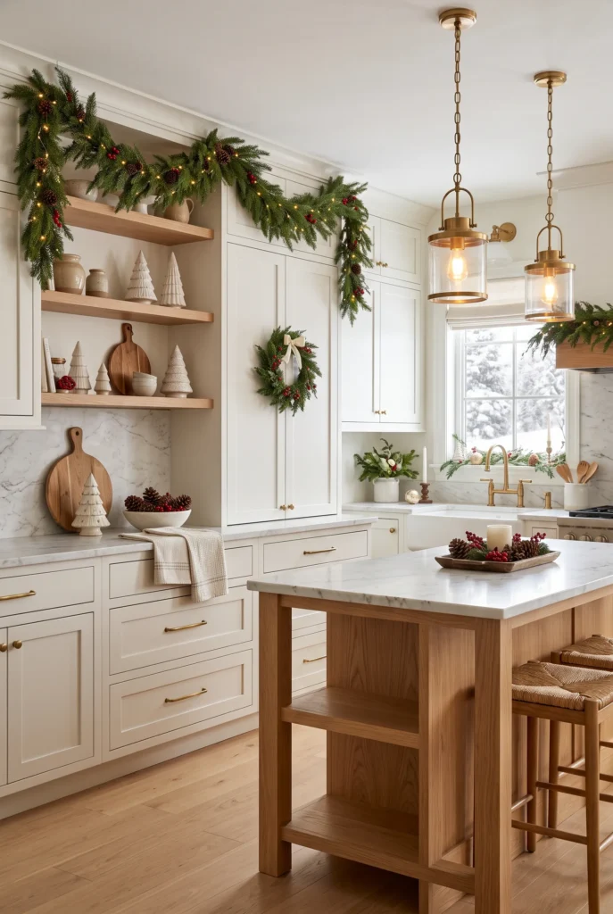 Elegant kitchen decorated with Christmas greenery, wreath, ceramic tree, and seasonal accents