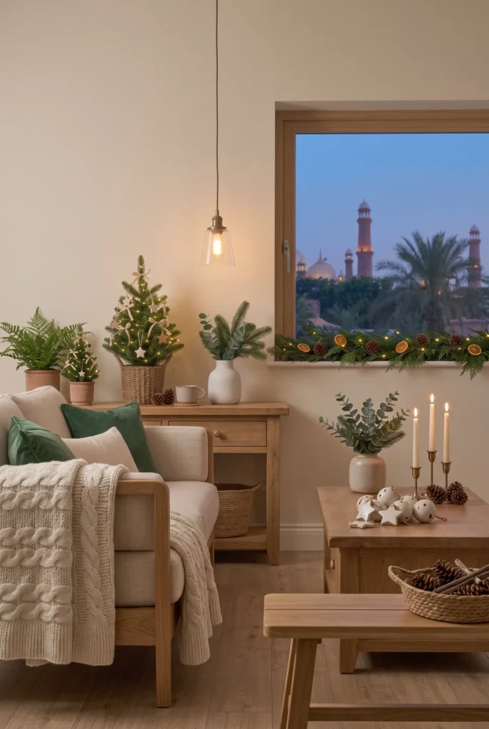 Natural Christmas living room with evergreen branches, wood accents, and neutral textiles