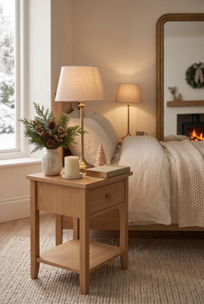 Christmas bedroom nightstand styled with greenery, candle, wooden tree, and warm lamp.
