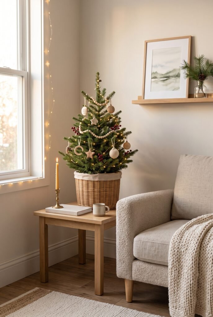 Small Christmas tree styled with neutral ornaments in a cozy room corner
