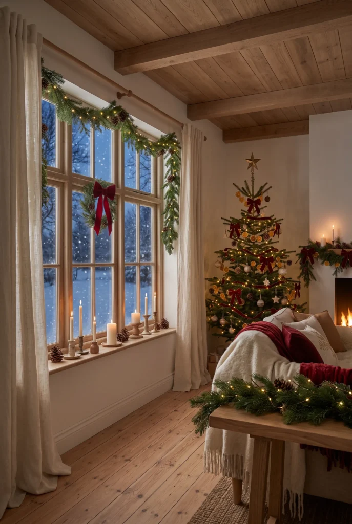 Festive Christmas entryway with greenery, mirror, lamp, and seasonal accents