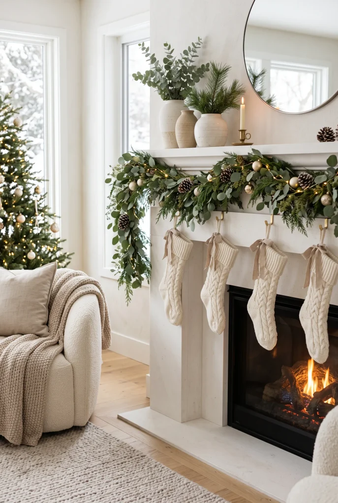 Christmas mantel with eucalyptus, evergreen branches, ivory stockings, linen ribbon, and gold accents