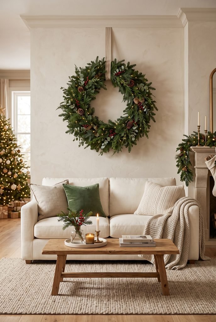 Large evergreen Christmas wreath hanging above a cream sofa