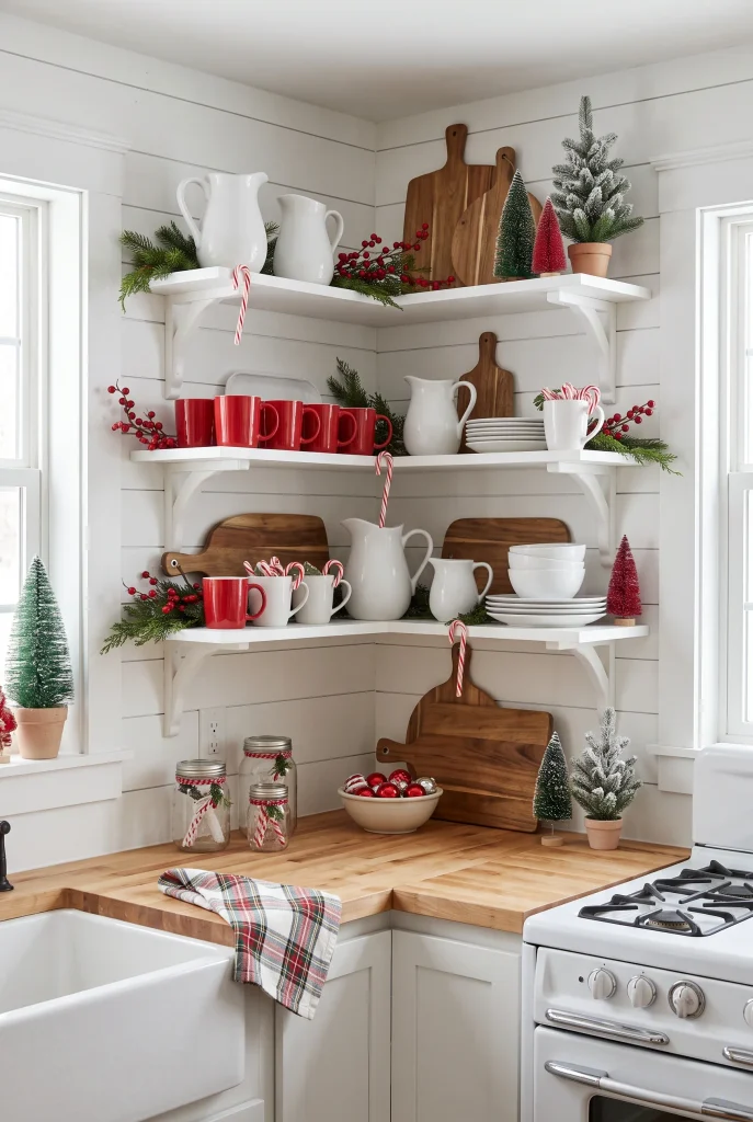 Open kitchen shelves decorated with red mugs, white ceramics, and Christmas greenery