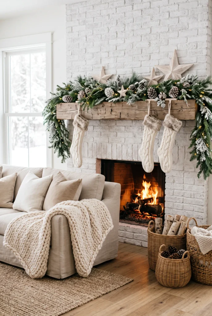 Rustic white Christmas fireplace with ivory decor, greenery, and natural wood accents