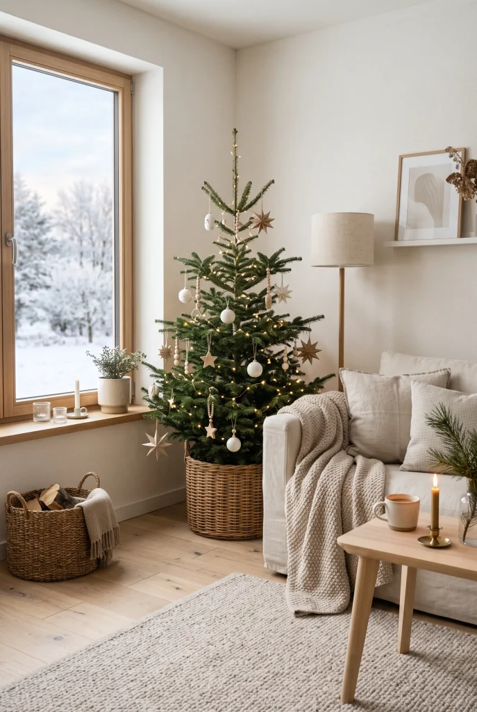 Scandinavian-inspired Christmas living room with natural wood and simple neutral decorations