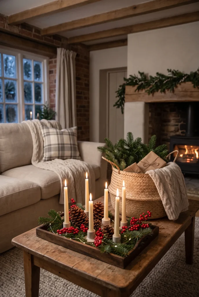 Natural pinecones and evergreen branches used for Christmas home decor