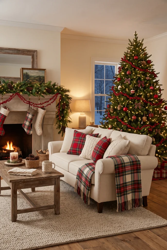 Cozy Christmas living room with red and green plaid pillows and throw