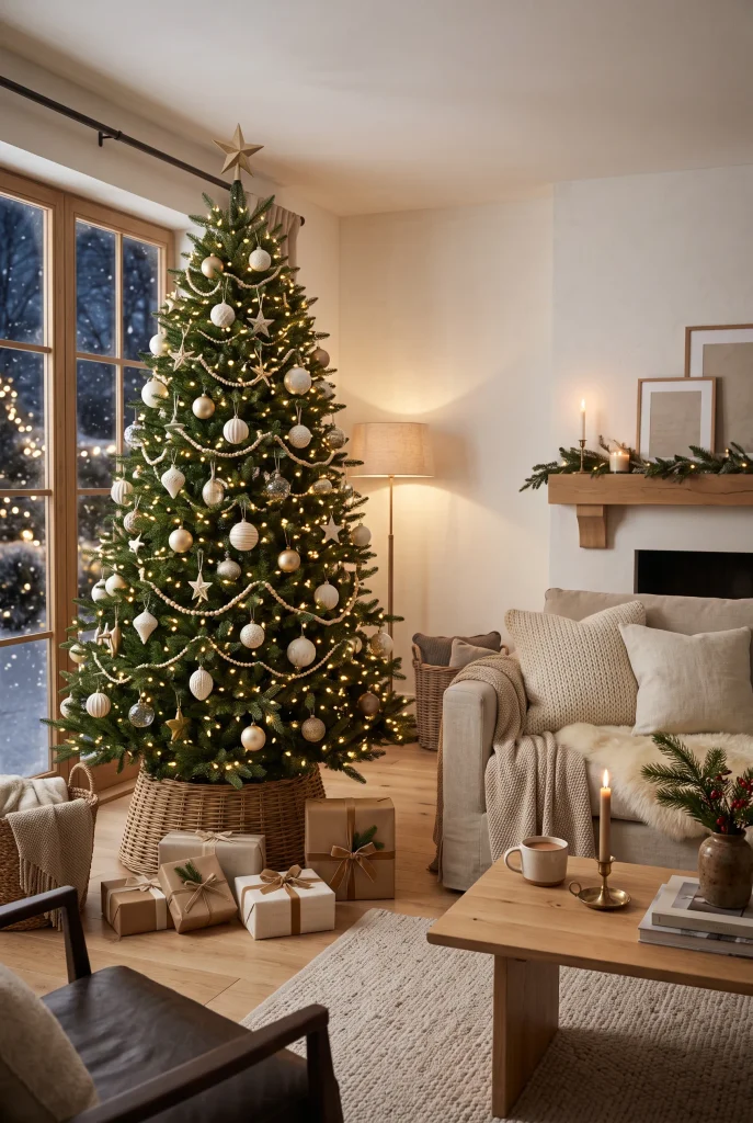 Christmas tree displayed in a natural woven basket with warm white lights
