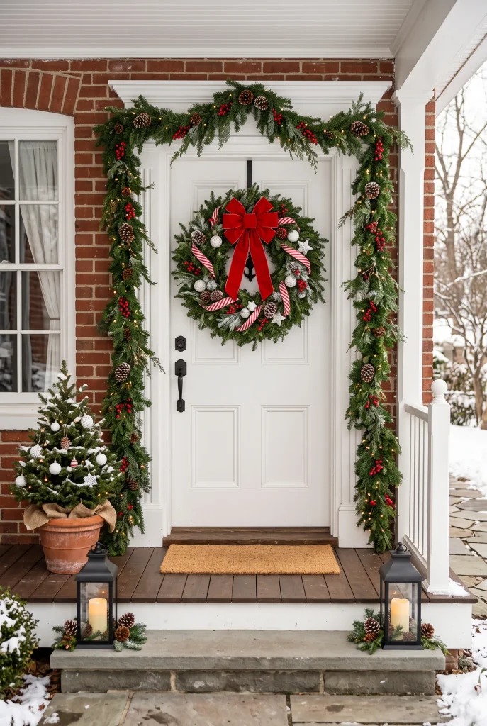 Front door Christmas wreath decorated with red and white candy cane ribbon