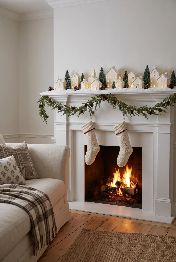 Christmas fireplace mantel styled with a miniature village and evergreen trees