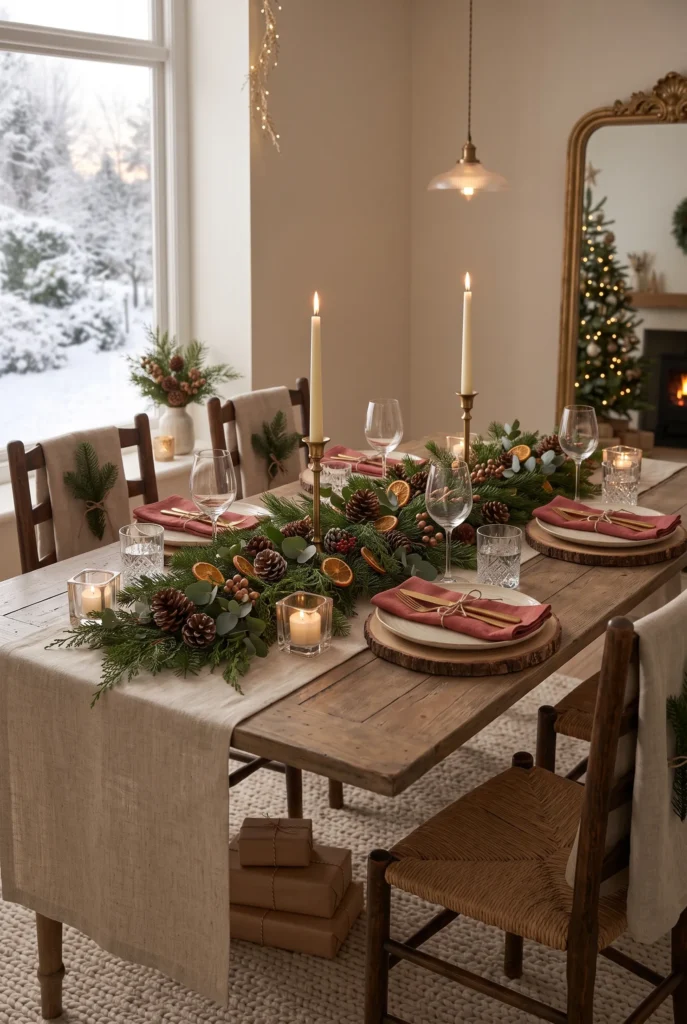 Christmas dining table with evergreen centerpiece, candles, linen runner, and natural accents.