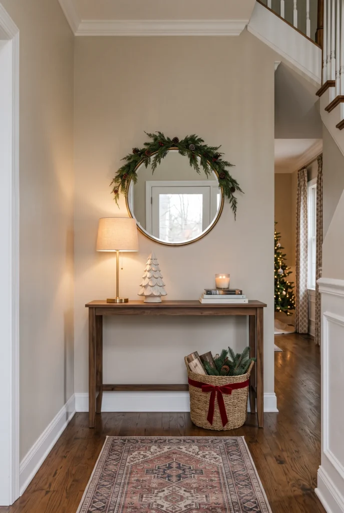 Open shelves styled with miniature Christmas trees, greenery, and ceramic decorations