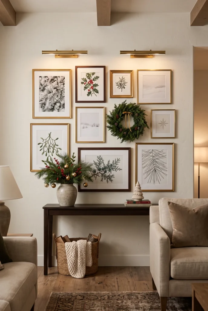 Christmas gallery wall with winter artwork, wreath, evergreen branches, and seasonal accents