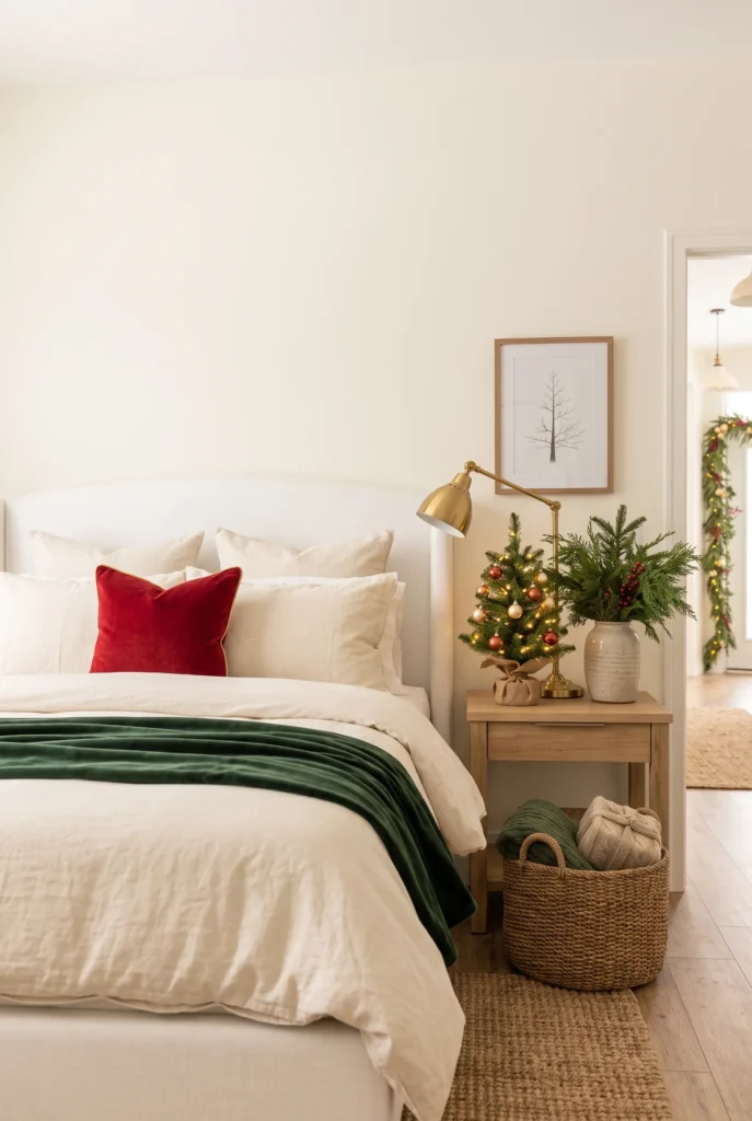 Cozy Christmas guest bedroom with seasonal bedding, tabletop tree, greenery, and warm lighting
