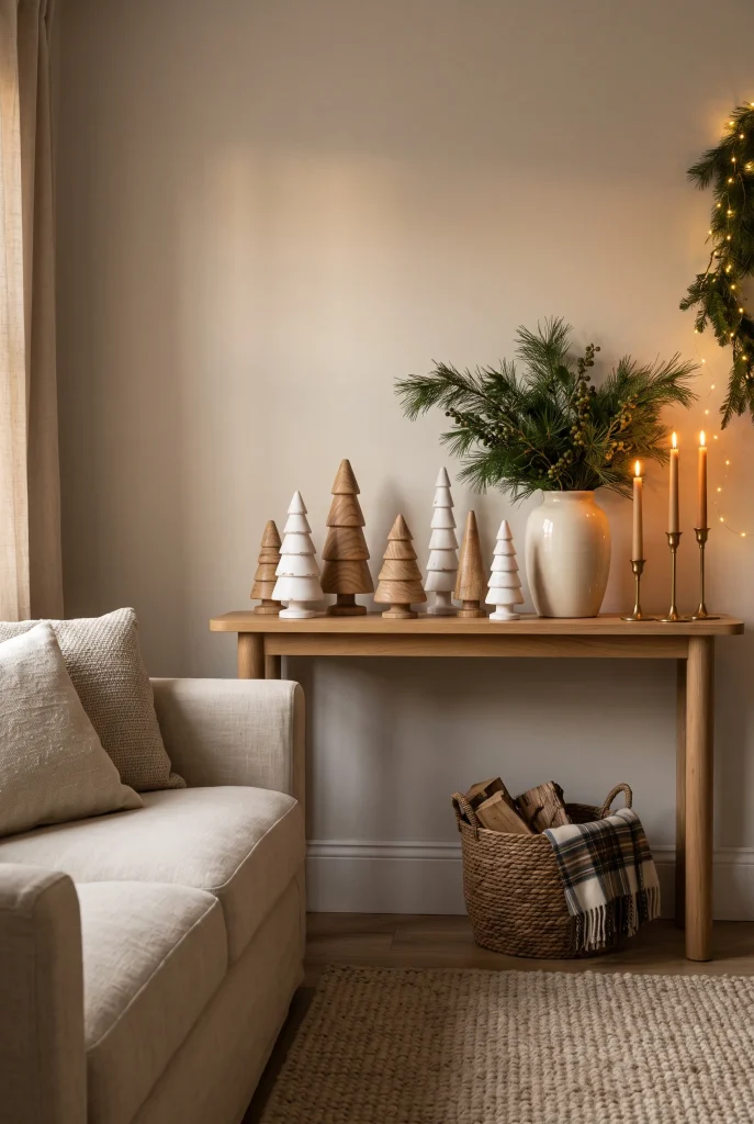 Christmas living room centered around a decorated fireplace and glowing fire