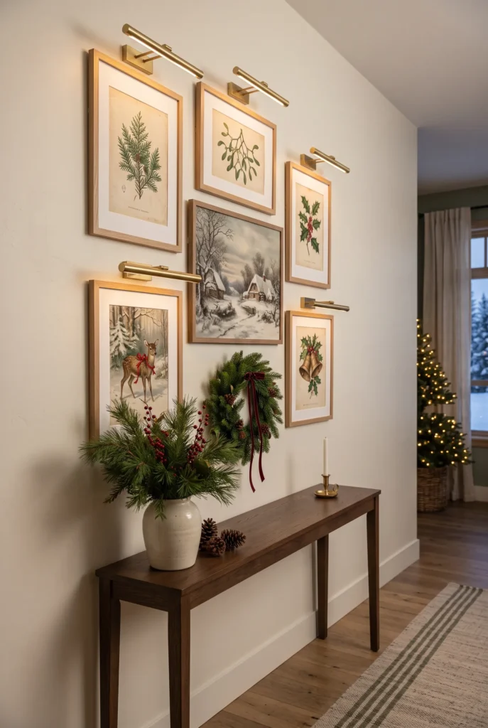 Christmas gallery wall with seasonal artwork, evergreen wreath, and decorated console