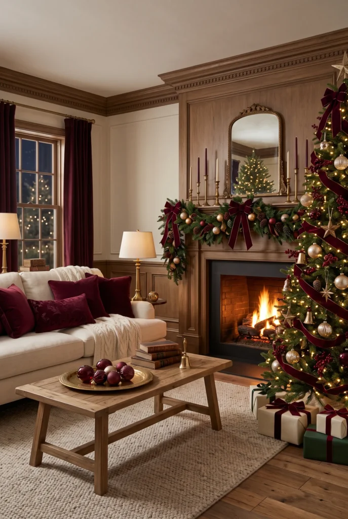Sophisticated Christmas living room with burgundy, cream, and forest green decorations