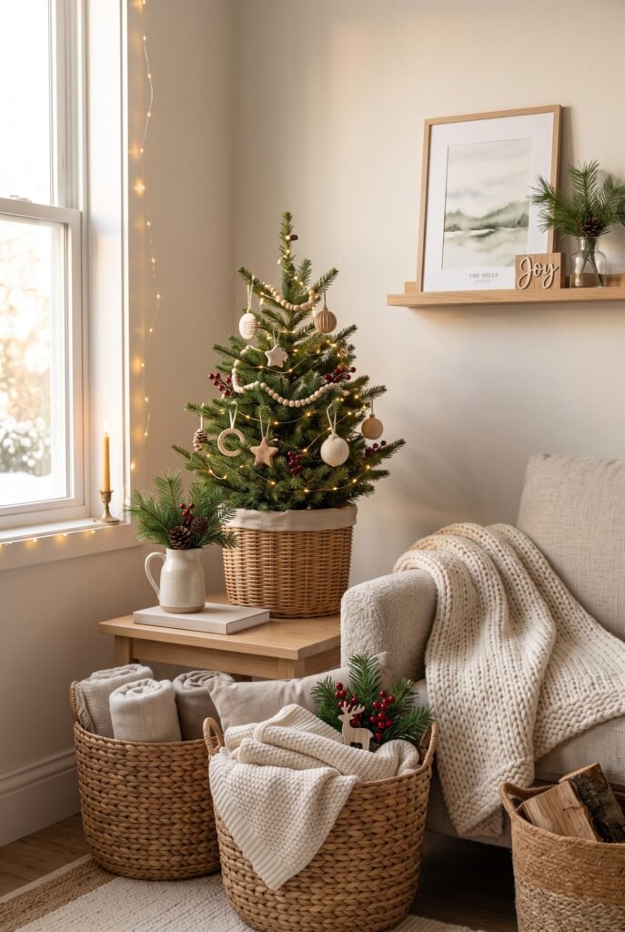 Woven baskets holding blankets in a cozy Christmas living room