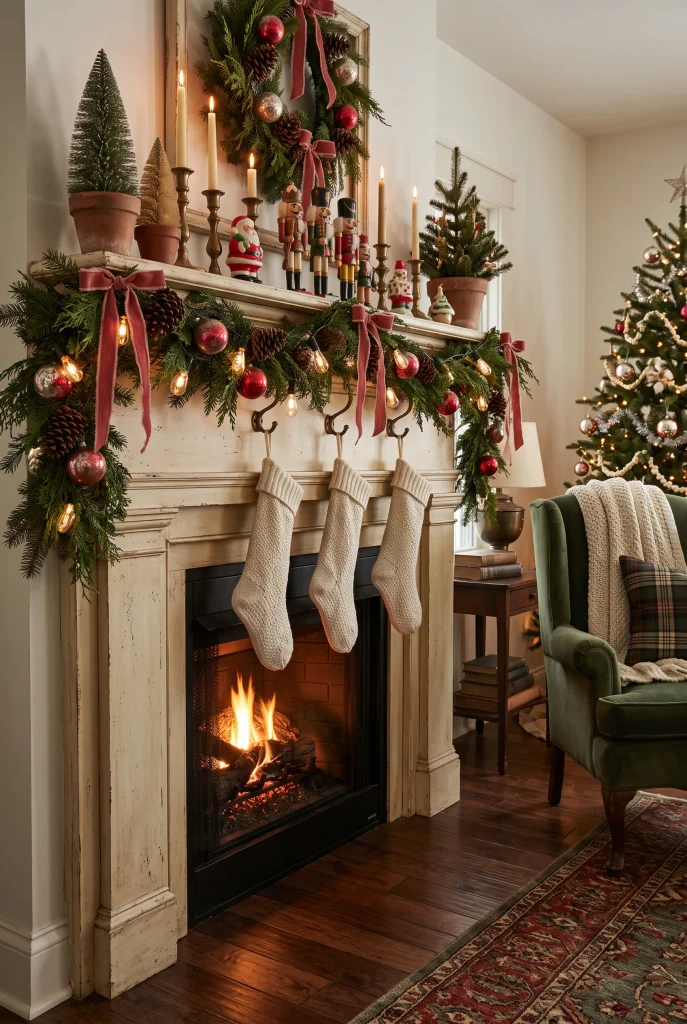Vintage Christmas mantel with evergreen garland, brass candlesticks, red ornaments, and velvet ribbon