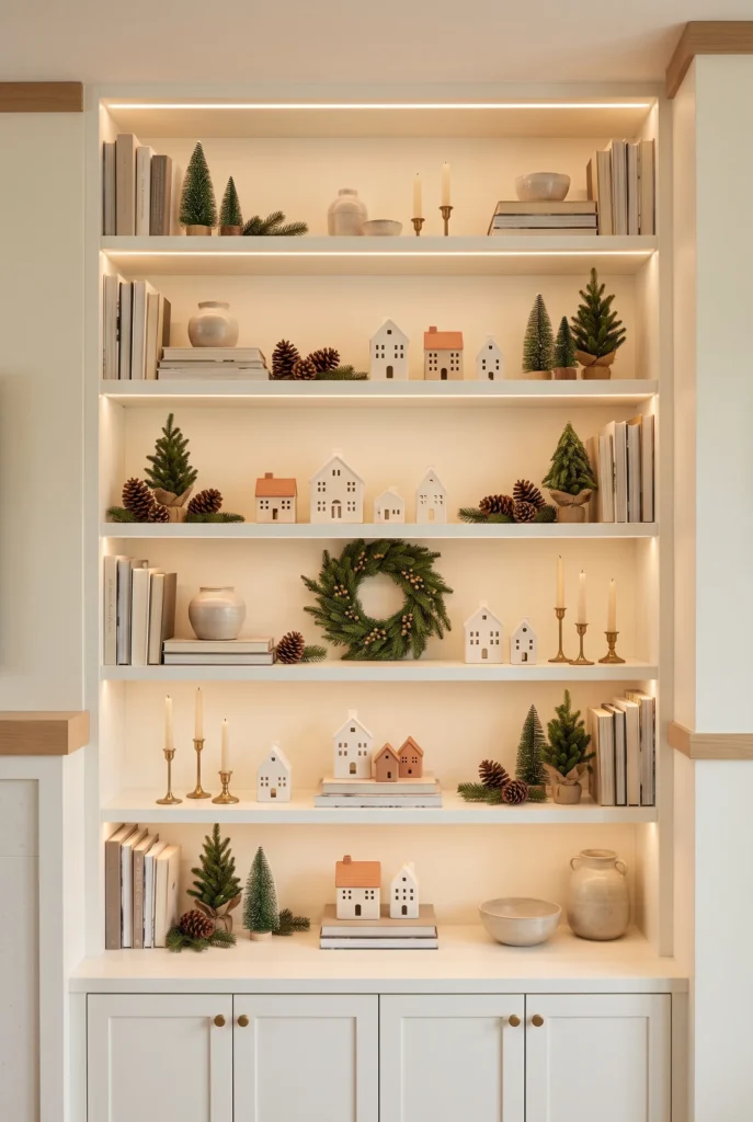 Mini Christmas trees displayed throughout a cozy home