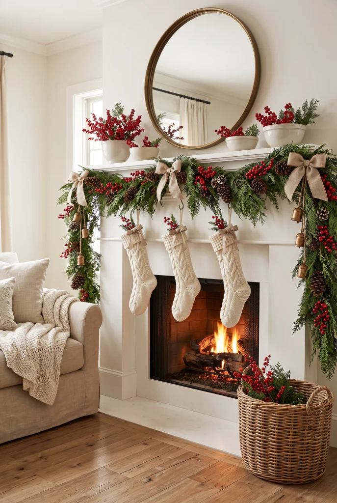 Christmas mantel with cedar garland, red berries, cream stockings, pinecones, and brass accents