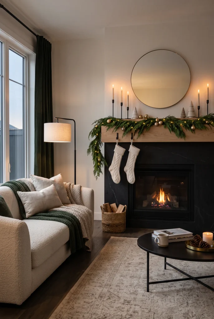 Modern black and green Christmas fireplace with neutral stockings and brass accents