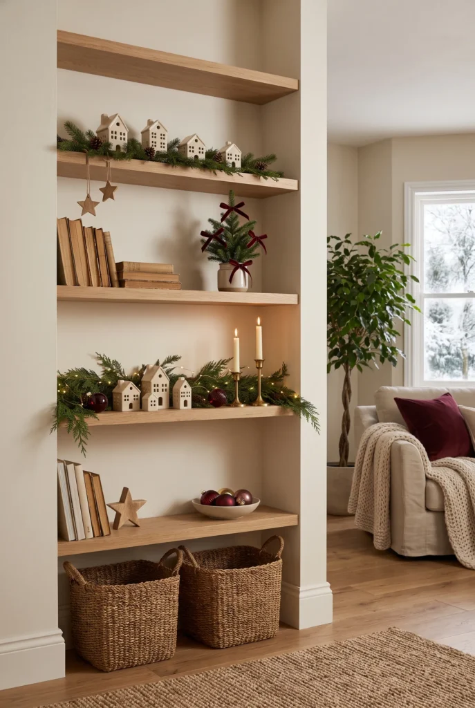 Open shelves decorated with small Christmas trees, greenery, and ornaments