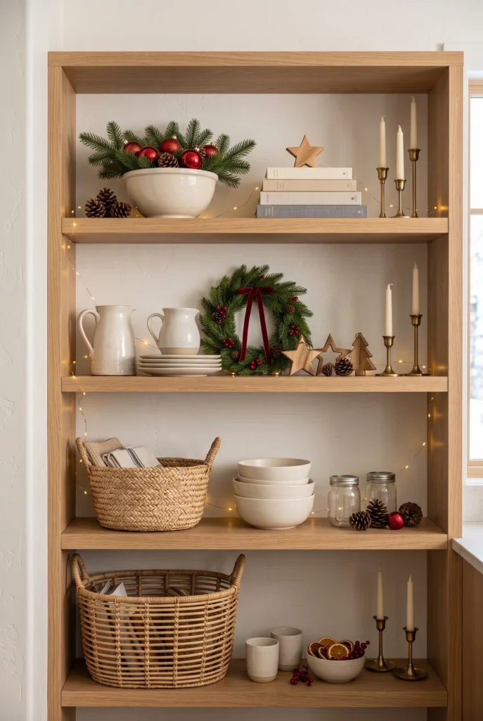 Open kitchen shelves styled with Christmas greenery, ceramics, pinecones, and ornaments