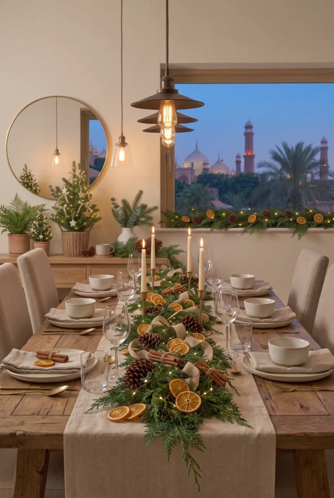 Christmas dining table decorated with dried orange slices, greenery, and natural accents