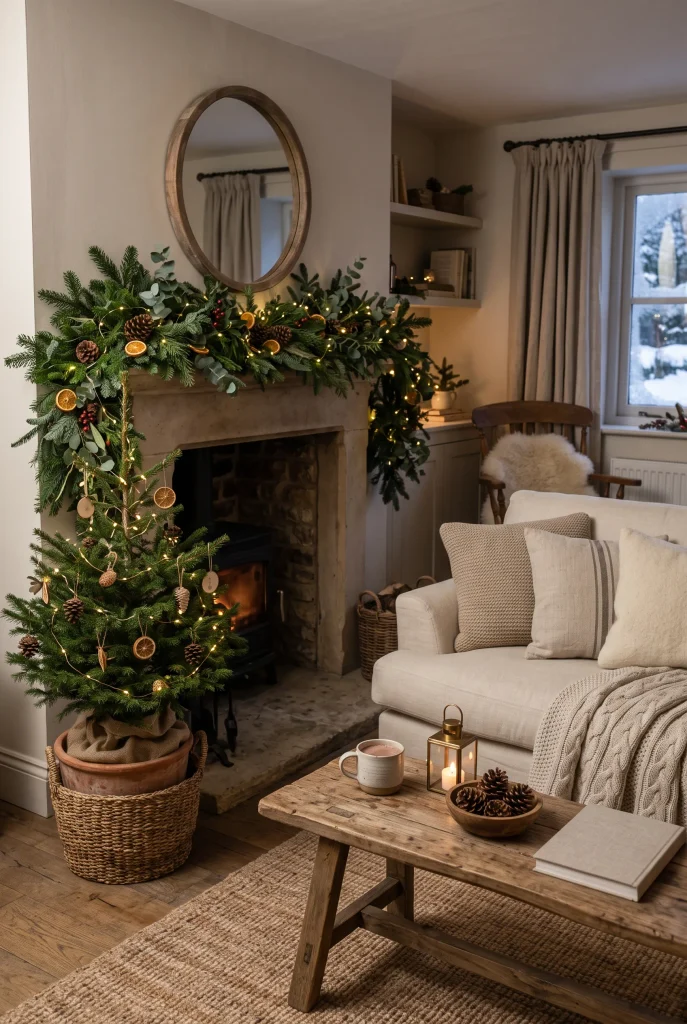 Christmas living room decorated with pinecones, evergreen branches, and natural accents