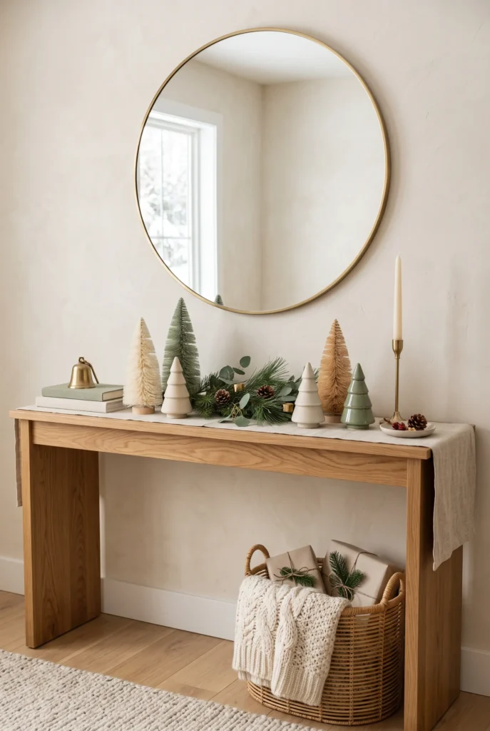 Christmas console table decorated with small ceramic and wooden Christmas trees
