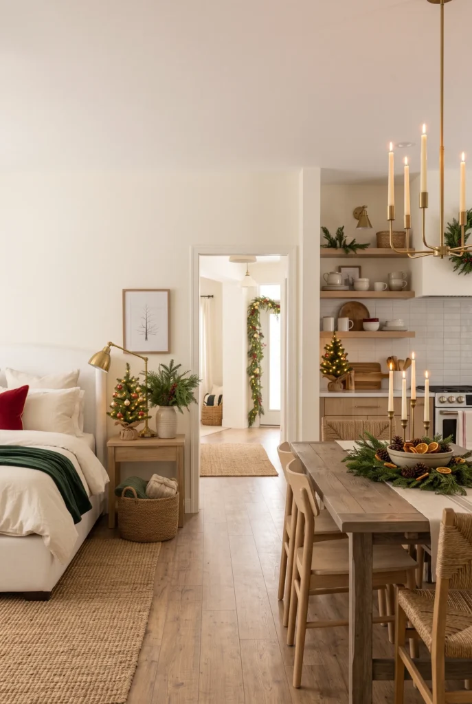 Cohesive Christmas home interior with greenery, pinecones, warm lights, natural textures, and festive accents