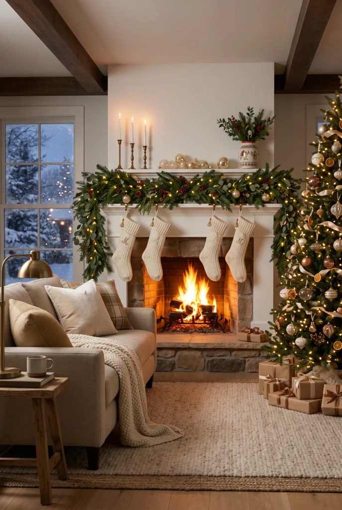 Cozy Christmas living room with plaid pillows and a festive throw blanket