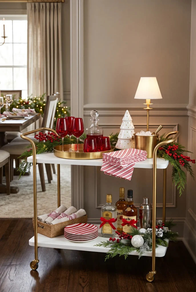 Holiday bar cart decorated with red and white Christmas accents and evergreen branches
